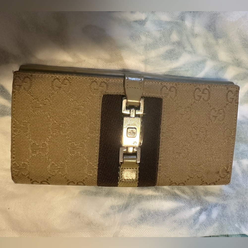 GUCCI GG Canvas Jackie Sherry Line Long Wallet Leather Beige